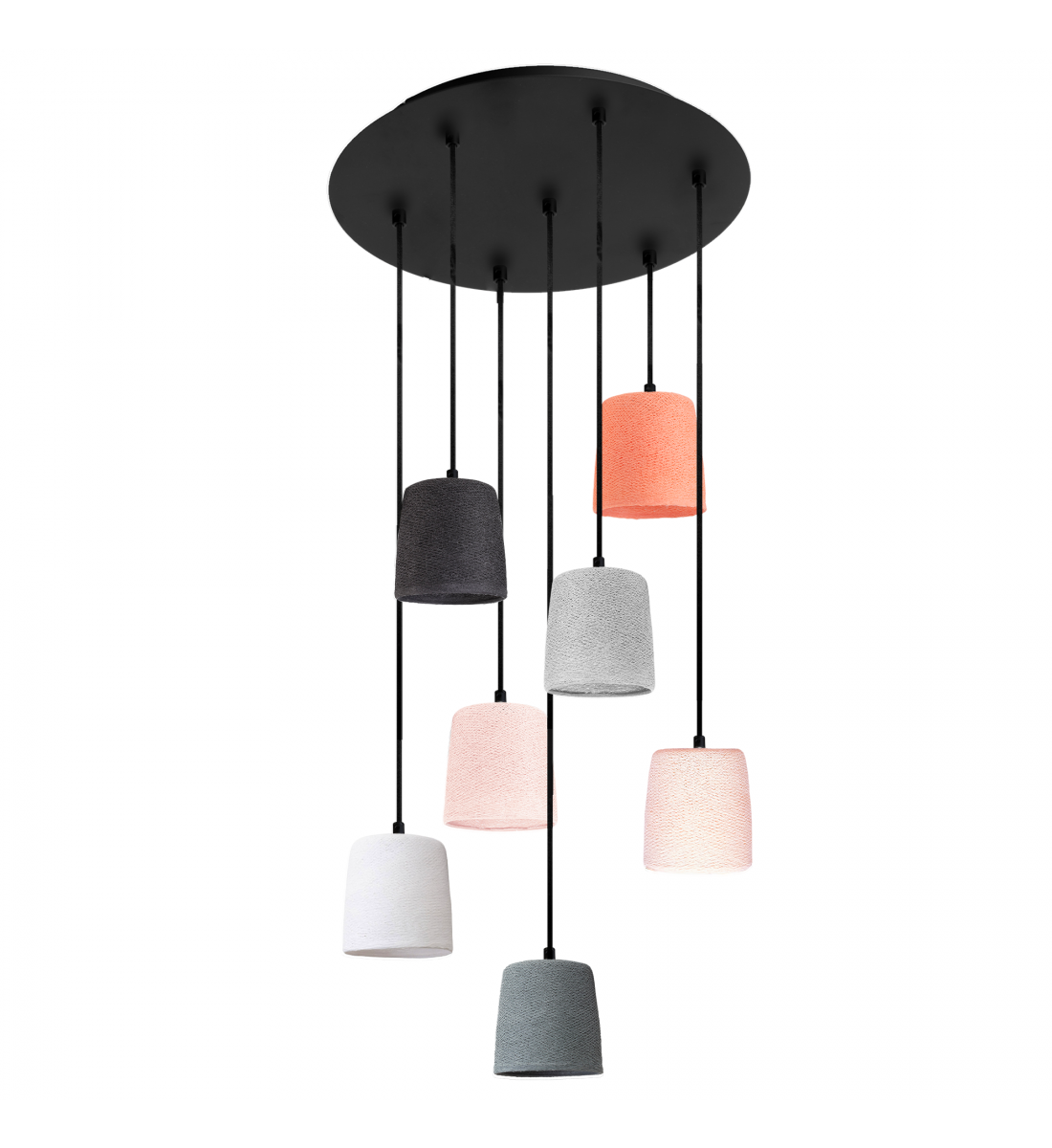 Zwarte plafondlamp met 7 Swing-lampenkappen - Roze en Grijs - Plafonniers - La Case de Cousin Paul