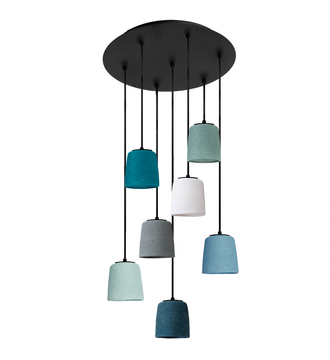 Black Pendant Light with 7 Swing Lampshades - Blue and Green - Plafonniers - La Case de Cousin Paul