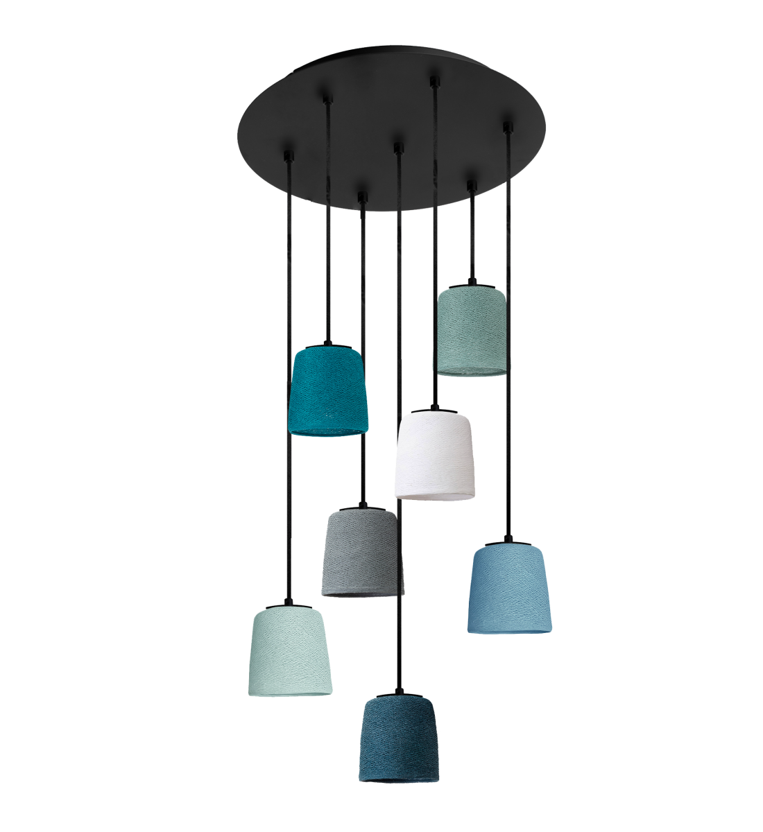 Black Pendant Light with 7 Swing Lampshades - Blue and Green - Plafonniers - La Case de Cousin Paul