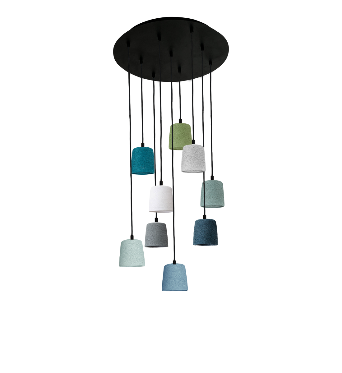 Zwart plafondlamp met 9 Swing-lampenkappen - Blauw en Groen - Plafonniers - La Case de Cousin Paul