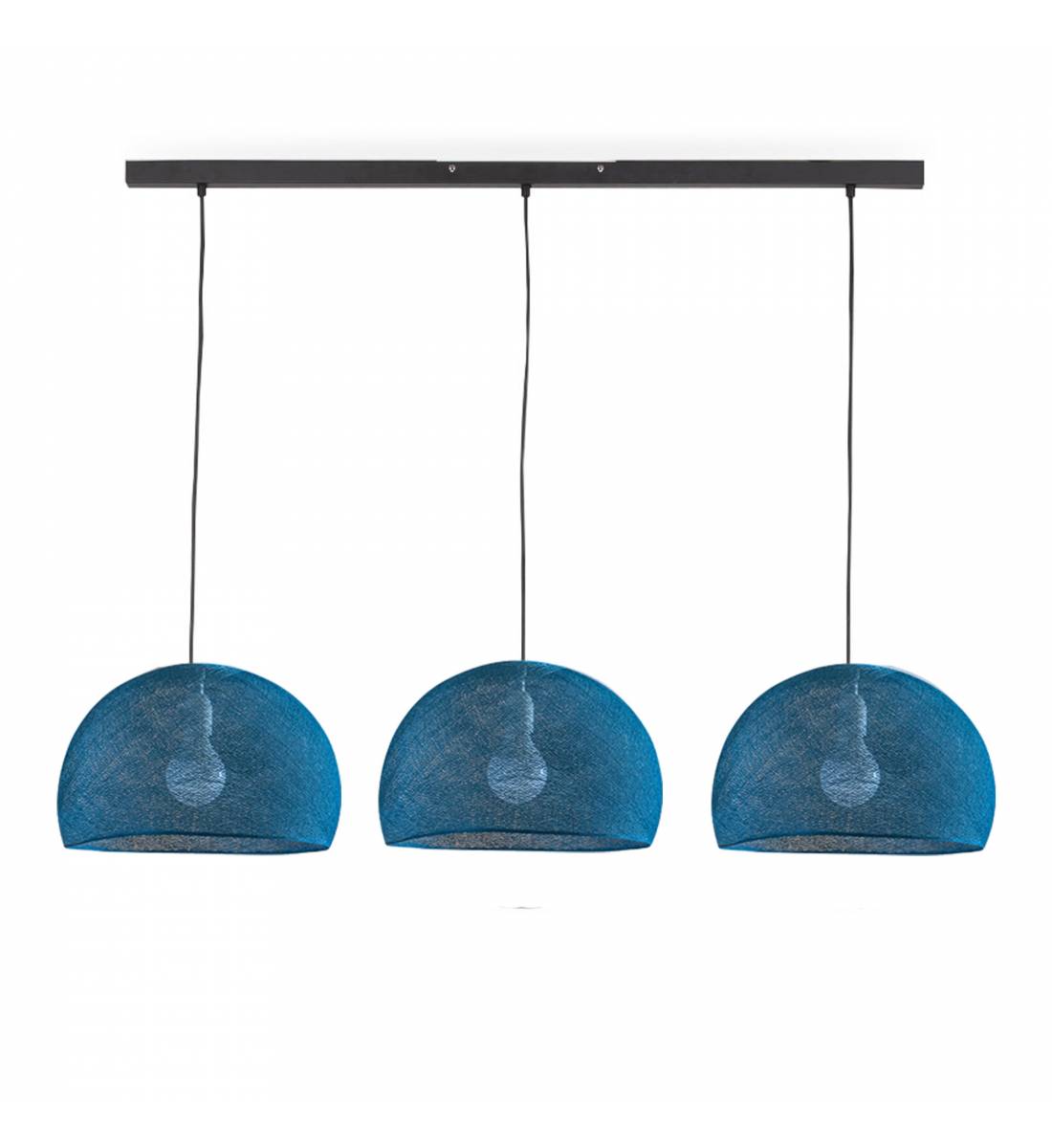 Zwarte eilandhanglamp met 3 pauw blauw-koppellampen - ø31cm - Rails - La Case de Cousin Paul