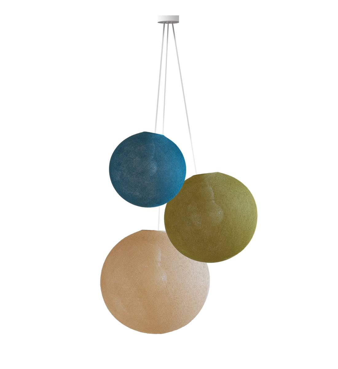 Hanglamp 3 bollen - Pauwblauw - Khaki - Zand - Opgehangen per drie - La Case de Cousin Paul